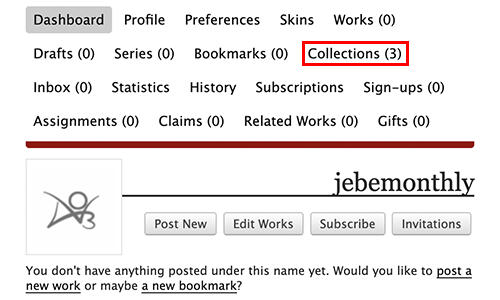 User's AO3 Dashboard. Click on Collections
